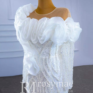 Pearl Beaded Mermaid Ruffle Wedding Dress with Long Sleeve