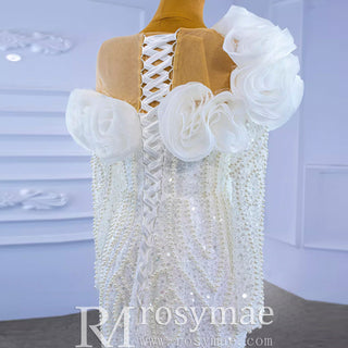 Pearl Beaded Mermaid Ruffle Wedding Dress with Long Sleeve