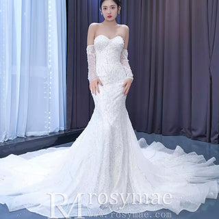 Mermaid Detachable Long Sleeve Wedding Dress with Sweetheart