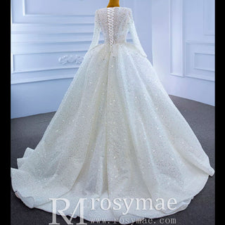 Long Sleeve Ball Gown V-neck Wedding Dress with Beaded Pearl