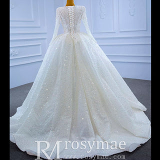 Long Sleeve Ball Gown V-neck Wedding Dress with Beaded Pearl