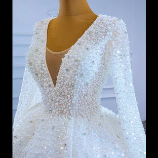 Long Sleeve Ball Gown V-neck Wedding Dress with Beaded Pearl