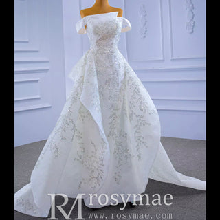 Off the Shoulder Ruffle Wedding Dress with Detachable Overskirt