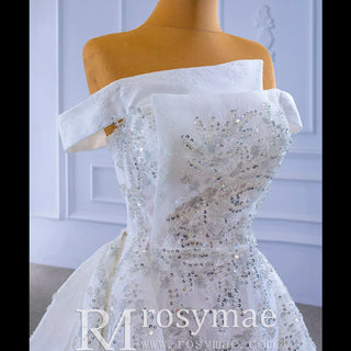 Off the Shoulder Ruffle Wedding Dress with Detachable Overskirt