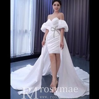 Convertible Short Above Knee Wedding Dress with Detachable Train