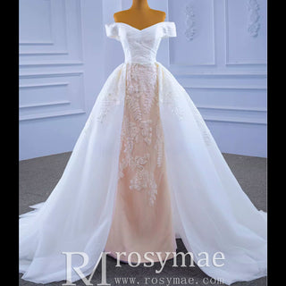 Off the Shoulder Sheath Ruched Wedding Dress with Overskirt