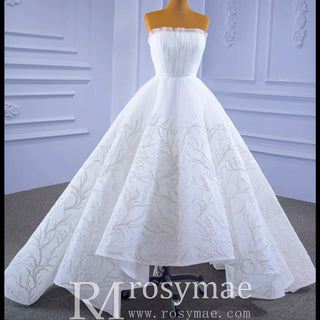 Strapless Tulle High Low Wedding Dress with Lace Appliqued