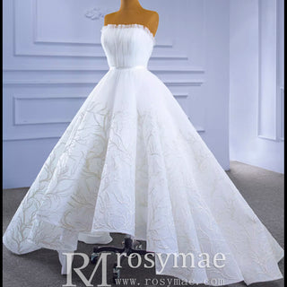 Strapless Tulle High Low Wedding Dress with Lace Appliqued