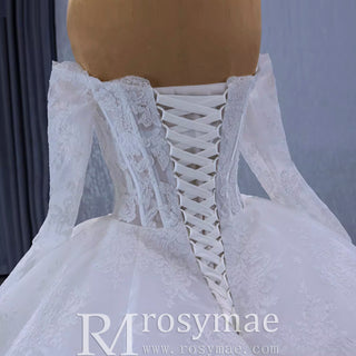 Off the Shoulder Long Sleeve Ball Gown Wedding Dress