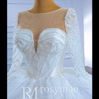 Beaded Long Sleeve Wedding Gown Luxury Sparkly Bridal Dress