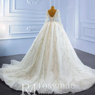 Luxury Beaded Sparkly Ball Gown Wedding Dress with Long Sleeve