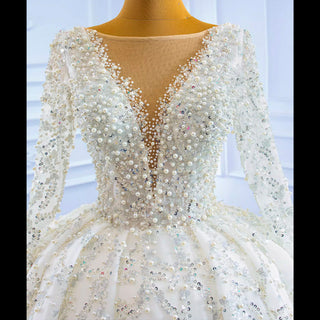 Luxury Beaded Sparkly Ball Gown Wedding Dress with Long Sleeve