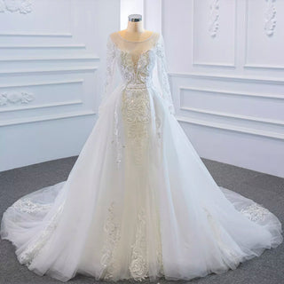 Long Sleeve Mermaid Lace Wedding Dress with Detachable Train