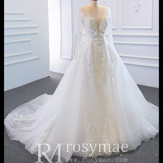 Long Sleeve Mermaid Lace Wedding Dress with Detachable Train