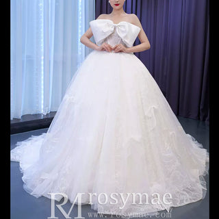 Big Bow Puffy Wedding Dresses Glittery Ball Gown Bridal Gowns