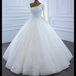 Beaded Pearls Ball Gown Wedding Dress with One Shoulder Long Sleeve