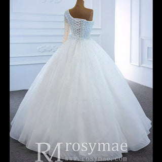 Beaded Pearls Ball Gown Wedding Dress with One Shoulder Long Sleeve