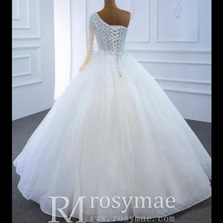 Beaded Pearls Ball Gown Wedding Dress with One Shoulder Long Sleeve