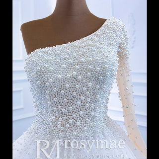 Beaded Pearls Ball Gown Wedding Dress with One Shoulder Long Sleeve