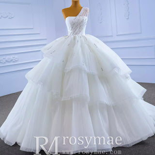 Layered Tulle Ball Gown Wedding Dress with One Shoulder