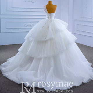 Layered Tulle Ball Gown Wedding Dress with One Shoulder