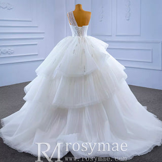 Layered Tulle Ball Gown Wedding Dress with One Shoulder