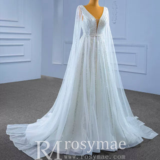 Beaded Cape Sleeve Wedding Dress V-neck Bridal Gown with Vneck