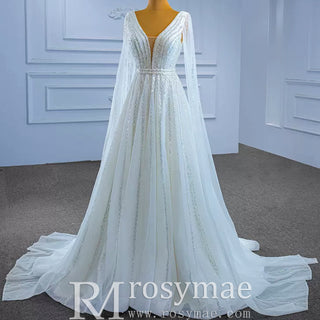 Beaded Cape Sleeve Wedding Dress V-neck Bridal Gown with Vneck