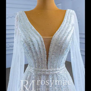 Beaded Cape Sleeve Wedding Dress V-neck Bridal Gown with Vneck