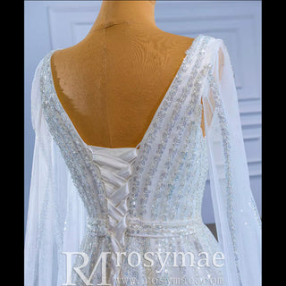 Beaded Cape Sleeve Wedding Dress V-neck Bridal Gown with Vneck