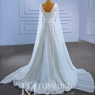 Beaded Cape Sleeve Wedding Dress V-neck Bridal Gown with Vneck