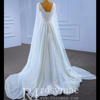 Beaded Cape Sleeve Wedding Dress V-neck Bridal Gown with Vneck