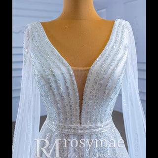 Beaded Cape Sleeve Wedding Dress V-neck Bridal Gown with Vneck