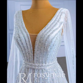 Beaded Cape Sleeve Wedding Dress V-neck Bridal Gown with Vneck