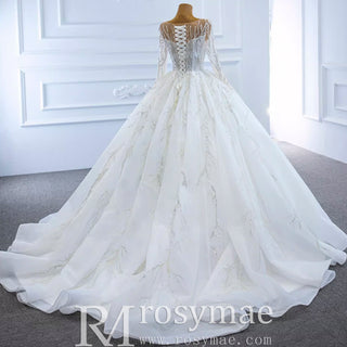 Beaded Sparkly Arabric Wedding Dress with Long Sleeve Ball Gown