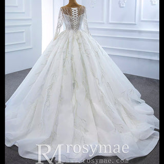 Beaded Sparkly Arabric Wedding Dress with Long Sleeve Ball Gown