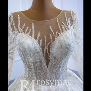 Beaded Sparkly Arabric Wedding Dress with Long Sleeve Ball Gown