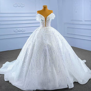 Sparkly Off the Shoulder Ball Gown Puffy Wedding Dress