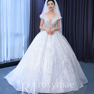 Sparkly Off the Shoulder Ball Gown Puffy Wedding Dress