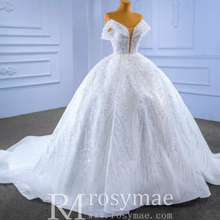 Sparkly Off the Shoulder Ball Gown Puffy Wedding Dress