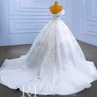 Sparkly Off the Shoulder Ball Gown Puffy Wedding Dress