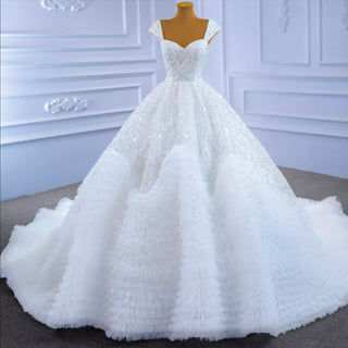 Luxury Beaded Ruffled Puffy Ball Gown Wedding Dress with Off the Shoulder