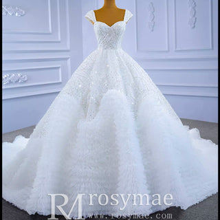 Luxury Beaded Ruffled Puffy Ball Gown Wedding Dress with Off the Shoulder