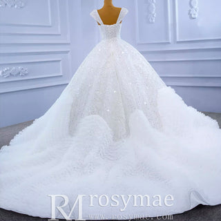 Luxury Beaded Ruffled Puffy Ball Gown Wedding Dress with Off the Shoulder