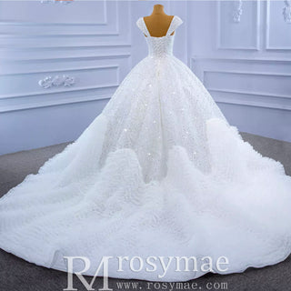 Luxury Beaded Ruffled Puffy Ball Gown Wedding Dress with Off the Shoulder