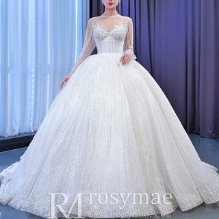 High-end Ball Gown Sparkly Wedding Dress with Long Sleeve