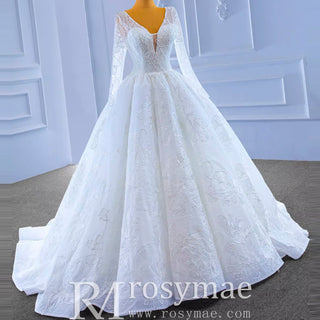 Tulle V-neck Long Sleeve Beading Wedding Dress Ball Gown