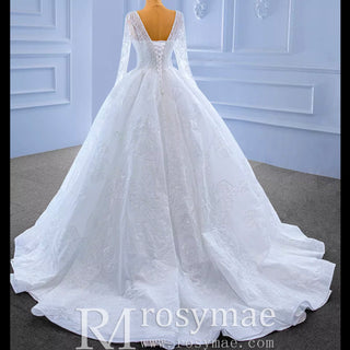 Tulle V-neck Long Sleeve Beading Wedding Dress Ball Gown