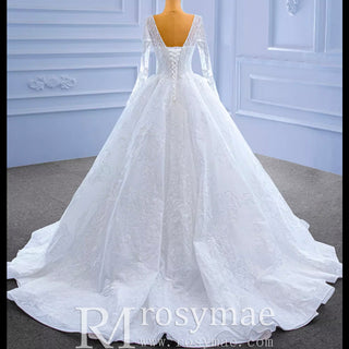 Tulle V-neck Long Sleeve Beading Wedding Dress Ball Gown