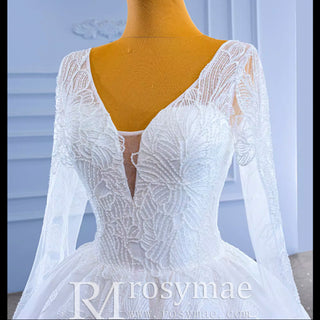 Tulle V-neck Long Sleeve Beading Wedding Dress Ball Gown